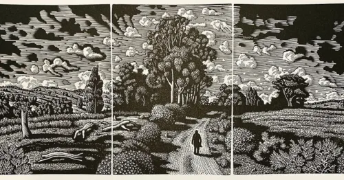 David Frazer The lone walker 2022 wood engraving ed 50 10.5 x 25cm F $850 UF $675