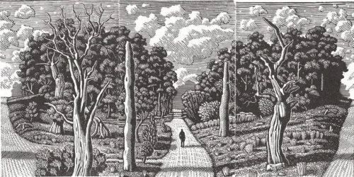 David Frazer Walking for solace I (study) 2022 wood engraving ed 50 12 x 24.5cm F $850 UF $675