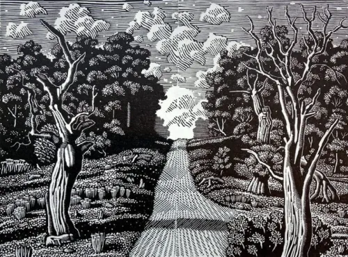 David Frazer Walking for solace II (comp II study) 2022 wood engraving ed 50 12 x 16.5cm