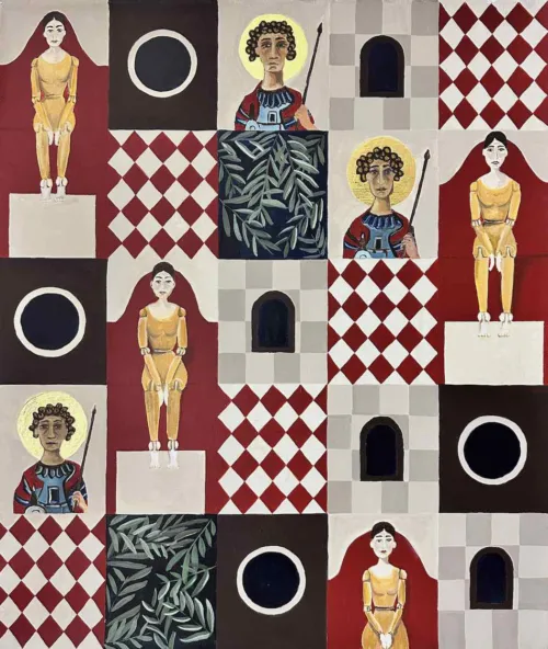 Soula Mantalvanos San Giorgio dei Greci 2024 acrylic and 23kt gold leaf on linen 62 x 53cm $2,950 F