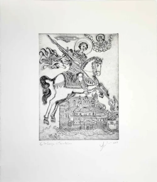 Soula Mantalvanos St George Mt Athos (homage Monk Nicephoros in Xenophontos Monastery 1798) etching 20 x 15cm $530 UF $685 F
