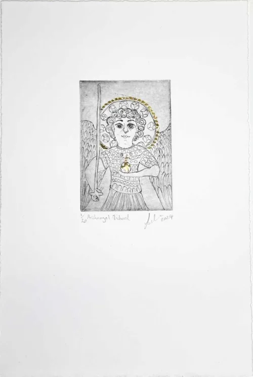 Soula Mantalvanos Archangel Michael etching with 24kt gold 10 x 7cm $250 UF $390F