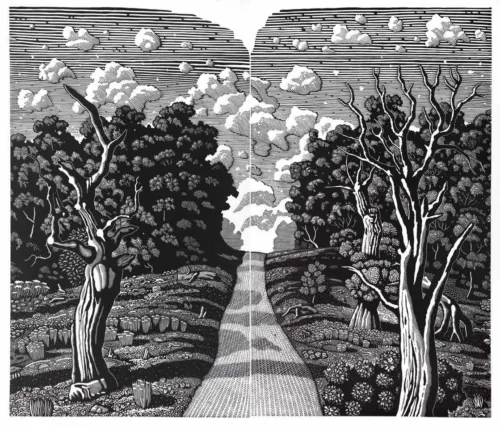 David Frazer Walking for Solace (comp II), 2023 linocut 114x134cm $4950 F $3500 UF