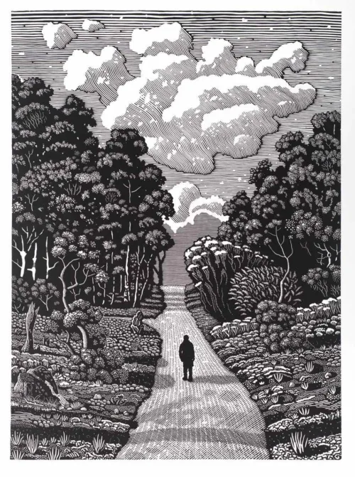 David Frazer Walking for Solace (composition IV), 2023 linocut 99x73cm $2950 F $2250 UF