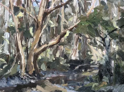 Brett Mallon Tingalpa Creek Paper Barks oil on canvas 30.5 x 40.5cm $945
