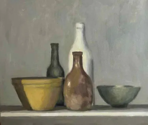 David Moore Still Life With Yellow Tumbler Oil on linen 36x40cm $3400 f