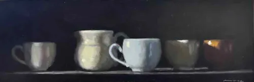 David Moore The Blue Cup Oil on board 14x42cm $2400 f