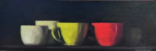 David Moore Green Cup And Red Cup Oil on board 14x40cm $2400 f