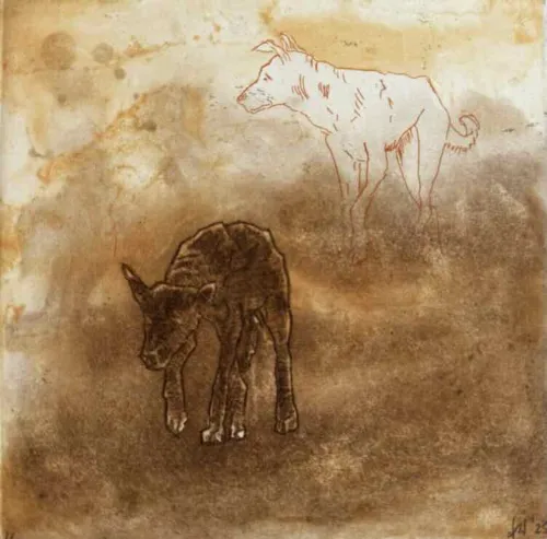 Deborah Williams Free Range 2025 soft ground, hard ground, spit etch, roulette 14.5 x 14.5 cm $500 f