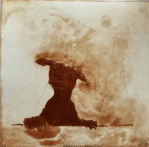 Deborah Williams Strangely Familiar 2025 soft ground, spit etch, roulette, 14.5 x 14.5 cm $500 f