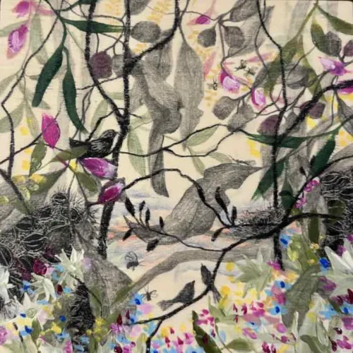 Julianne Ross Allcorn Listening and Looking mixed media on board 21.5 x 21.5cm $1,100