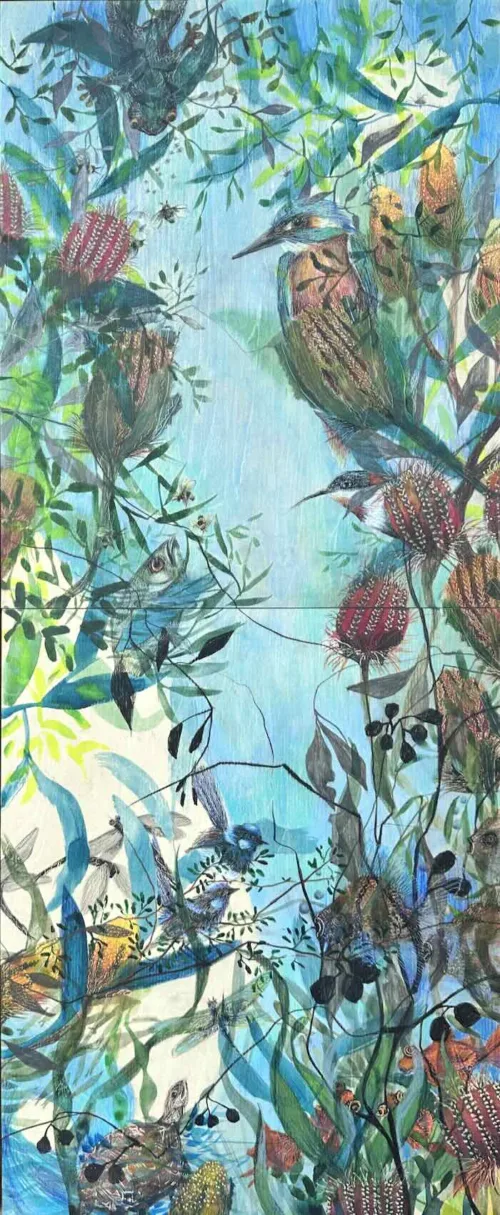 Julianne Ross Allcorn River of no Return 40.5 x 102cm watercolour, pencil, chalk pastel on birch wood panel $5,500