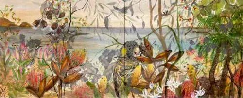 Julianne Ross Allcorn Cockatoo Coastal Colours 40.5 x 102cm watercolour, pencil, chalk pastel on birch 2 wood panels chalk pastel on birch 2 wood panels $5,500 f
