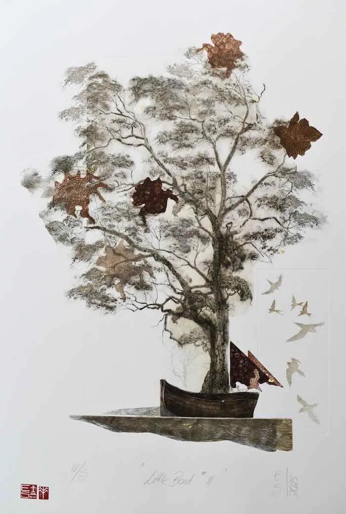 Elmari Steyn Little Boat II 2025 multi-plate etching aquatint and chine-collé hand colouring with 23k gold leaf US Paper size 76 x 56 cm $1,400 f