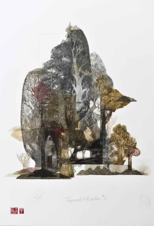 Elmari Steyn Fragmented Arboretum III 2025 multi-plate etching aquatint and chine-collé hand colouring with 23k gold leaf US Paper size 76 x 56 cm $1,400 f