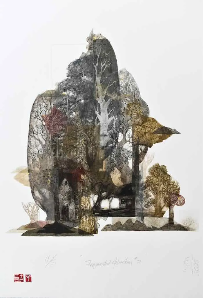 Elmari Steyn Fragmented Arboretum III 2025 multi-plate etching aquatint and chine-collé hand colouring with 23k gold leaf US Paper size 76 x 56 cm $1,400 f
