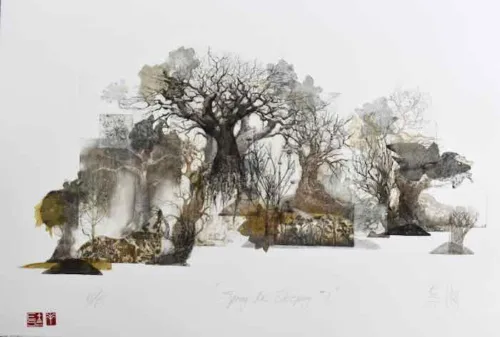 Elmari Steyn Spring Lies Sleeping I 2025 Multi-plate etching aquatint and Chine-collé hand colouring with 23k gold leaf US Paper size 56 x 76 cm $1,600 f