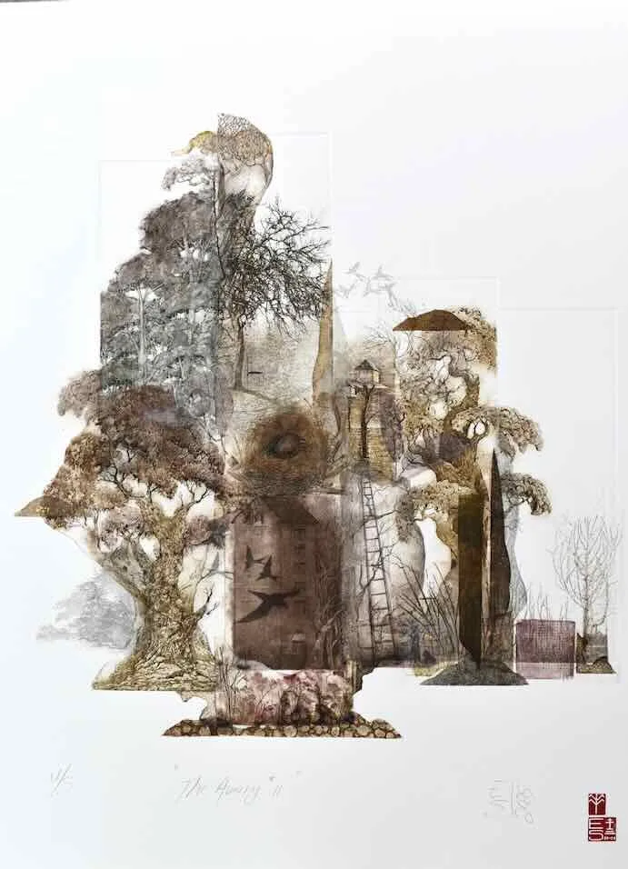 Elmari Steyn The Aviary II 2025 multi-plate etching, aquatint and chine-collé, hand colouring with 23k gold leaf US Paper size 76 x 56 cm $1,600 f