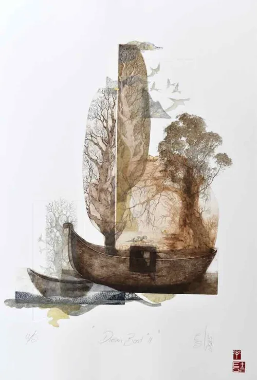 Elmari Steyn Dream Boat II 2025 multi-plate etching aquatint and chine-collé hand colouring with 23k gold leaf US Paper size 76 x 56 cm $1,400 f