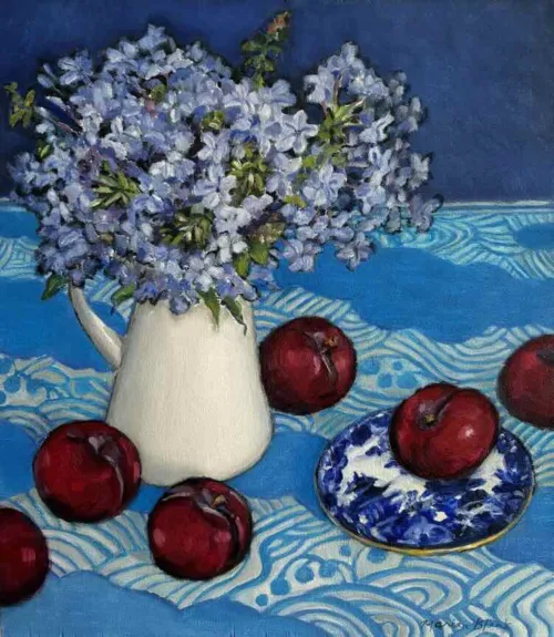 Marian Blank Plums with Blue oil on board 34 x 29cm $1,300 f