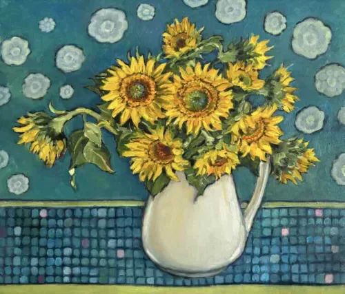 Marian Blank Sunflowers oil on board 37.5 x43.5cm $1,400 f