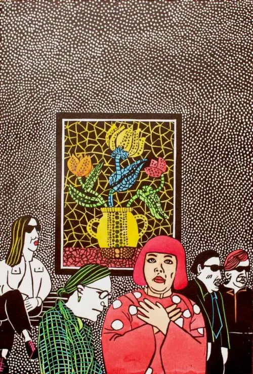 Sue Poggioli Kusama Flowers Image 25 x 37cm paper 25 x 37cm Ed 14 hand coloured lino print $330uf $470 f