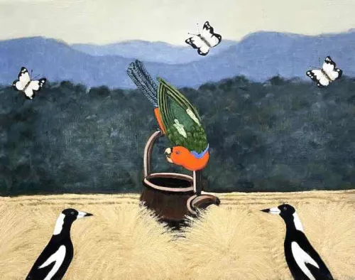 Philip Davey Kettle with magpies and parrot 2023 Philip Davey oil on linen, 51cm x 66cm $4,750