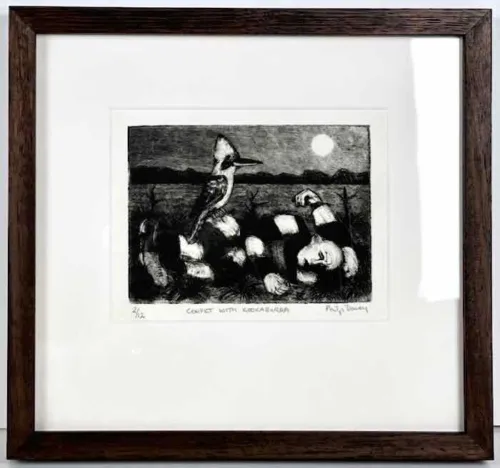 Philip Davey Convict with Kookaburra etching and drypoint 11x15cm Edition of 12 $350uf $450f