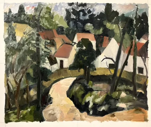 Sophia Xeros Constantinides After Cezanne's 'Turn in the Road' (circa 1881) 31 x 37cm oil on gessoed arches paper