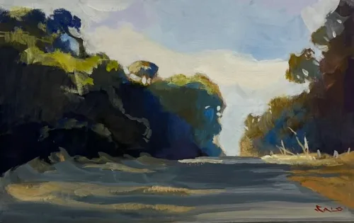 Steve Salo Road Through Connewarre Gouache on matt board (framed under glass in Victorian ash moulding) 31 x 20 cm $1,400 framed