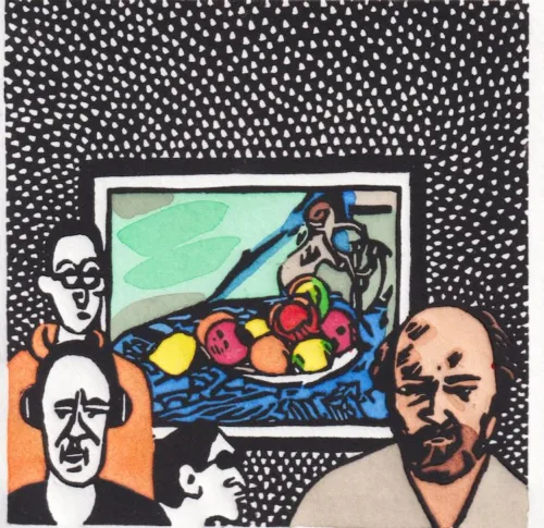 Sue Poggioli Cezanne's Apples handcoloured linocut paper 25 x 33cm Image 10 x 10cm