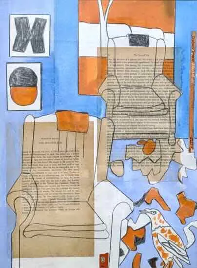 Katherine Hattam Chairs and Magpie Mixed media on paper 54cm x 43cm $1,980