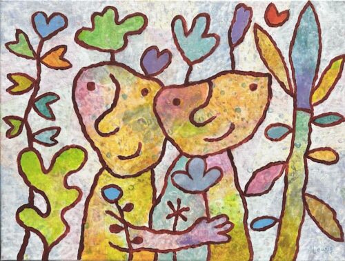 Michael Leunig Adam and Eve 2023 45 x 60 cm acrylic on canvas $8900 f