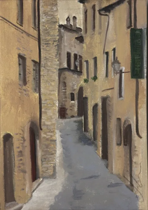 Soula Mantalvanos Via del Poliziano Montepulciano Sep 2024, oil on linen on panel 30 x 21.5cm $1200 f