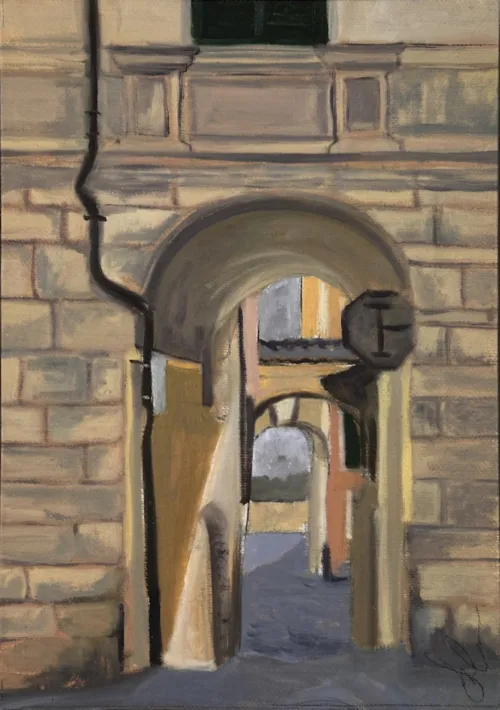 Soula Mantalvanos Via di S Filippo, Montepulciano Sep 2024, oil on linen on panel 30 x 21.5cm $1200 f