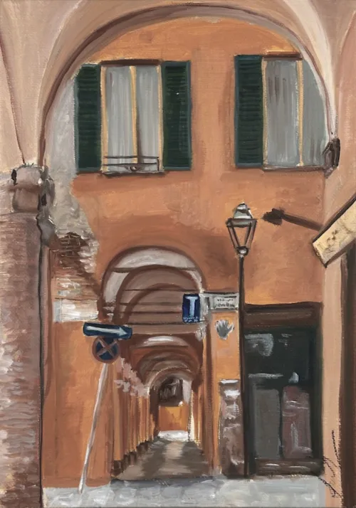 Soula Mantalvanos Via Marsala & Vicolo Luretta, Bologna Sep 2024, oil on linen on panel 30 x 21.5cm $1200 f