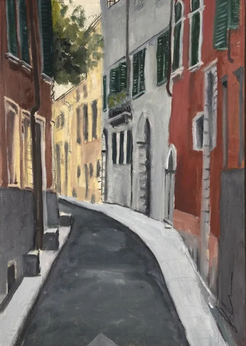 Soula Mantalvanos Vicolo Bernardo de Canal Verona Sep 2024, oil on linen on panel 30 x 21.5cm $1200 f
