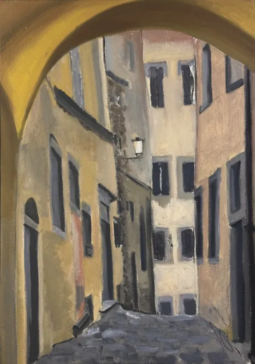 Soula Mantalvanos Vicolo del Teatro Cortona Sep 2024, oil on linen on panel 30 x 21.5cm $1200 f