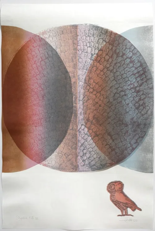 Lucinda Tanner Skopeliti Puff III 64 x 97cm woodcut collagraph on Japanese paper unique state