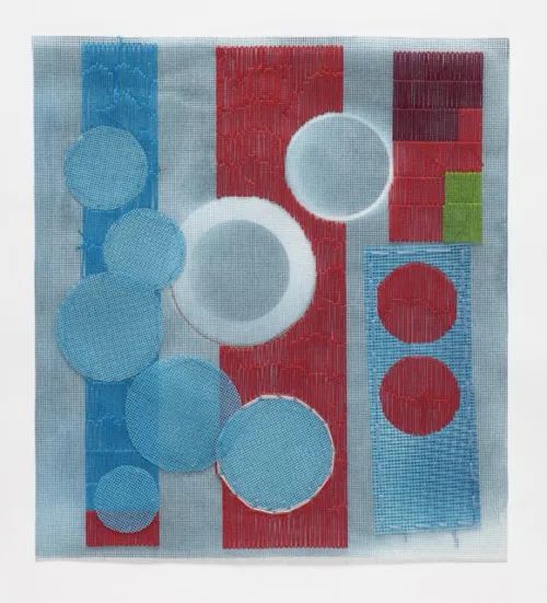 Blue and Red With Circles paint, thread and collage 39.5 x 35.5cm $3,000 uf