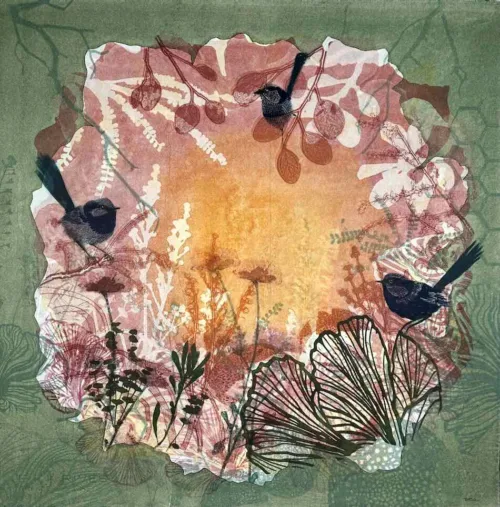Trudy Rice Enchanting Chimes 57x57cm multi solar plate etching and monotype work on paper $2,400