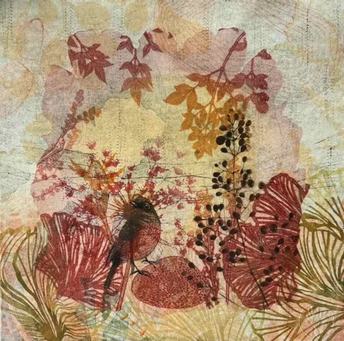 Trudy Rice Greetings from a Summer Garden 40x40cm multi solar plate etching and monotype work on paper $1,200