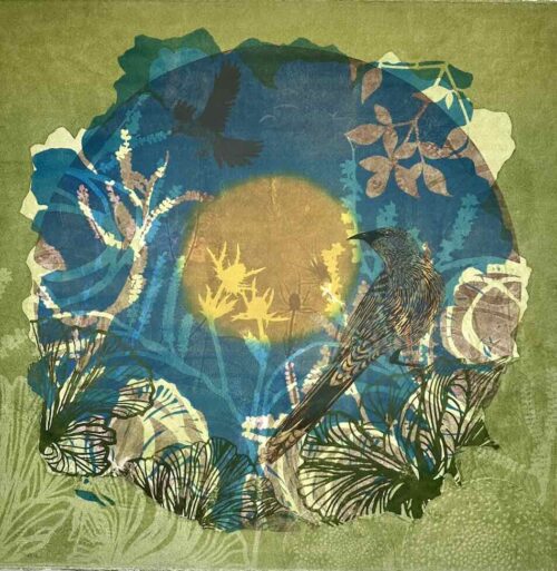 Trudy Rice Late afternoon in the garden 57x57cm multi solar plate etching and monotype work on paper $2,400