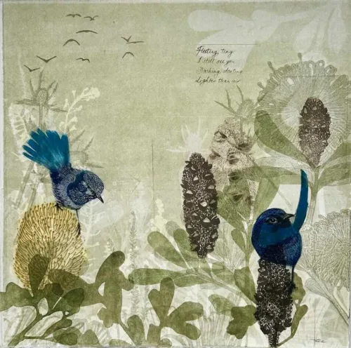 Trudy Rice Moments in a Garden Song 40x40cm multi solar plate etching and monotype work on paper $1,200