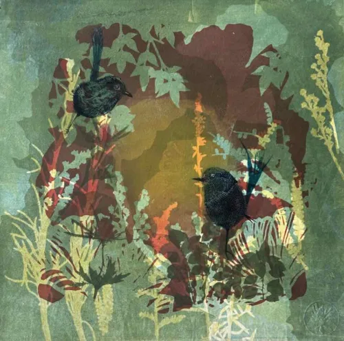 Trudy Rice Serenading Nature 40x40cm multi solar plate etching and monotype work on paper $1,200