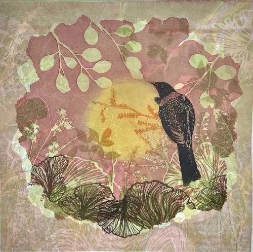 Trudy Rice The Gardens Serenade 56x56cm multi solar plate etching and monotype work on paper $2,400
