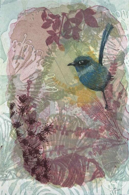 Trudy Rice Watcher in the Garden 29x19cm multi solar plate etching and monotype work on paper $320