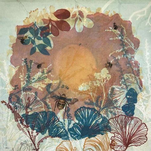 Trudy Rice Whispers of the Hive 56x56cm multi solar plate etching and monotype work on paper $2,400