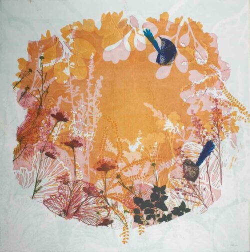 Trudy Rice Nestled Between Sun and Silence, 2025 multi solar plate etching and monotype work on paper 57 x 57cm $2,990 f