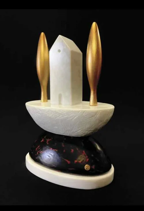 The Voyage - (h)9cm axe 20cm (d)12.5cm Carrara marble, brass, gold leaf and polychrome patina on red-gum $2,900